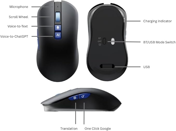 AI Wireless Mouse with Translation for PC Laptop: Hands-free typing- ChatGPT Bluetooth Mouse Voice AI Ergonomic Multi-Translate One Tap Google USB Rechargeable High-Performance Office Device