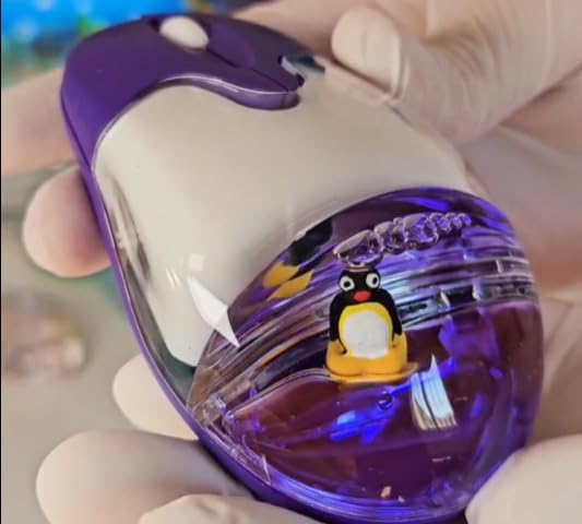 Wireless Aqua Mouse with Penguin Frutiger Aero Design 3D Purple USB Plug and Play Battery Powered