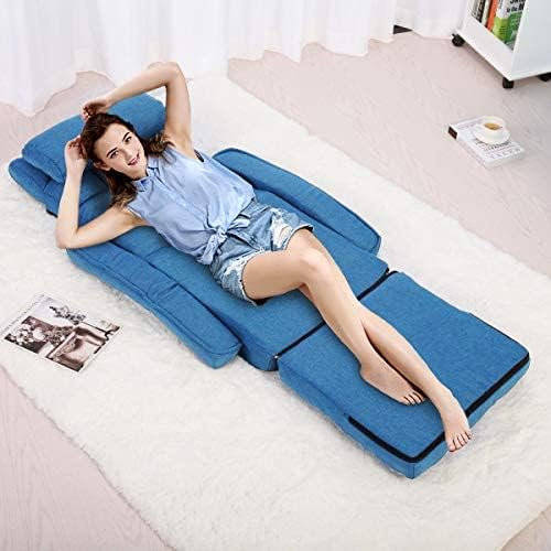 Folding Lazy Sofa Floor Chair Aprox Sofa Lounger Bed Padded Gaming Chair with Armrests and Pillow for Living Room Games &amp Reading (Blue)