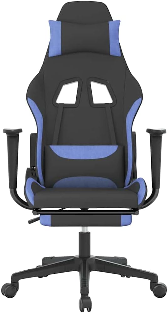 Ergonomic Massage Gaming Chair with Retractable Footrest Black and Blue Fabric Reclining Computer Desk Chair for Adults 360° Swivel Office Seating