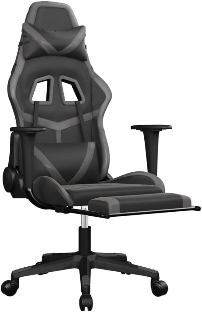 Gaming Chair Office Chair PC Chair with Footrest Black and Gray Faux LeatherHeight Adjustable Game Chair with 360°-Swivel Seat and Headrest and for Office or Gaming(Style E)