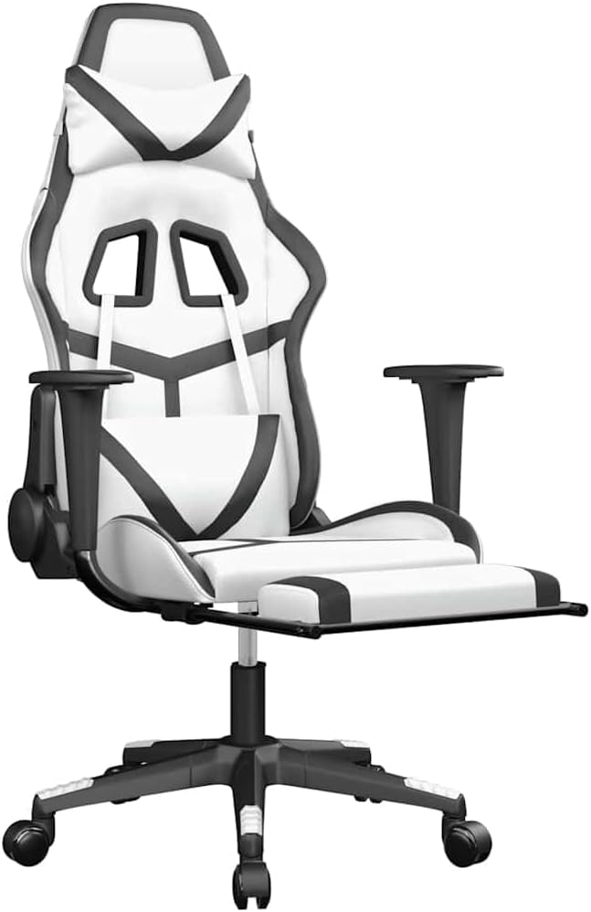 Massage Gaming Chair with Retractable Footrest White &amp Black Faux Leather Ergonomic Reclining Computer Desk Chair for Adults
