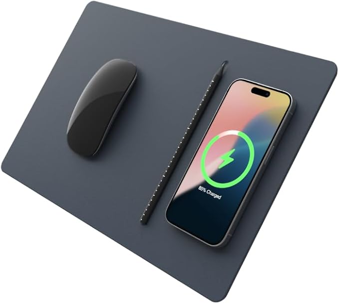 POUT H3 PRO Wireless Charging Mouse Pad – Qi-Enabled Fast Charger with Anti-Slip Base &amp Smooth Surface for Phones and Earbuds – Sleek Desk Accessory for Home &amp Office (Midnight Blue)