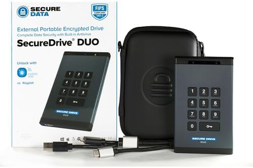 SecureData SecureDrive Duo 4TB Hardware Encrypted USB 3.0 Ext Drive FIPS 140-2 Level 3 Unlock via KeyPad or Phone app TAA Compliant CJIS HIPAA CMMC GDPR Compliant Works with Mac and Win Free AV