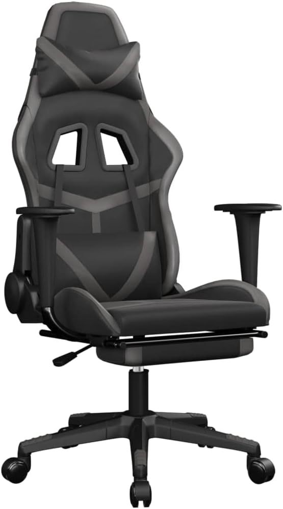 Gaming Chair Office Chair PC Chair with Footrest Black and Gray Faux LeatherHeight Adjustable Game Chair with 360°-Swivel Seat and Headrest and for Office or Gaming(Style E)