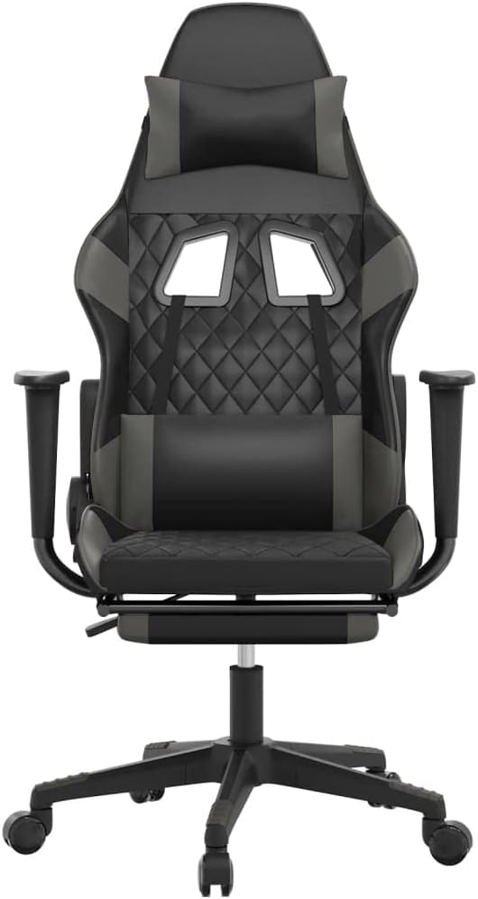 SKM Massage Gaming Chair with Footrest Black&ampGrey Faux Leather (Weight-17KG)