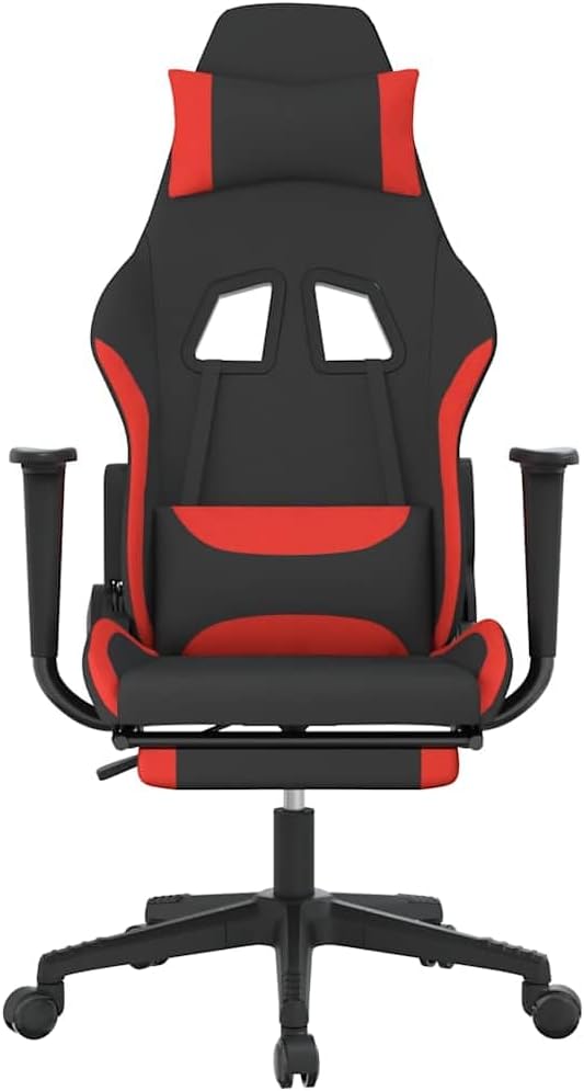 Ergonomic Massage Gaming Chair with Retractable Footrest Black and Red Fabric Reclining Computer Office Desk Chair for Adults