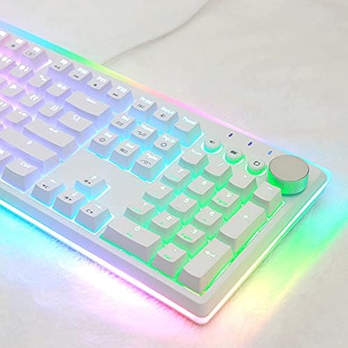 i-rocks K71M RGB Mechanical Gaming Keyboard with Media Control Knob Blue Switches 107 Keys w/Full NKRO PBT Keycaps Multimedia Hotkeys Detachable USB-C Cable and Onboard Storage White