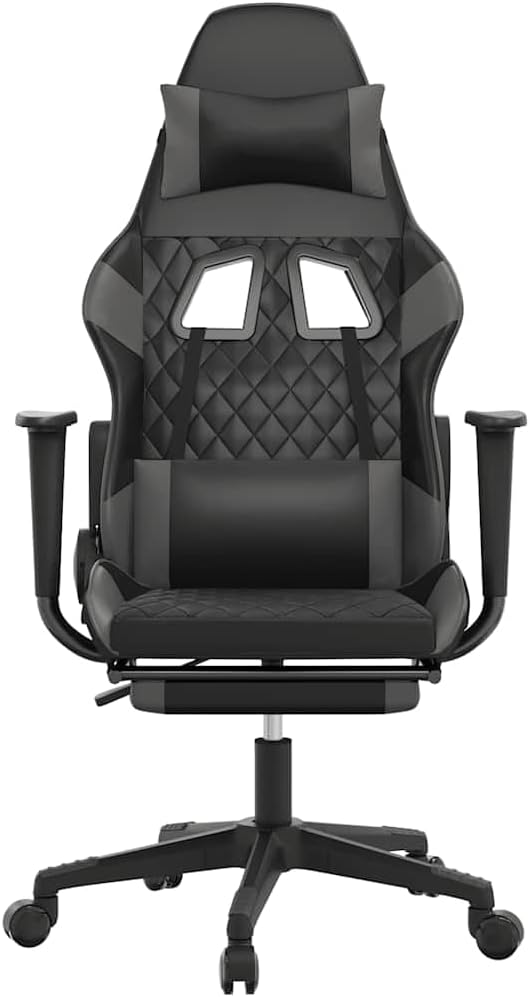 Massage Gaming Chair with Retractable Footrest Black &amp Gray Faux Leather Ergonomic Computer Desk Chair Reclining Office Seat with Lumbar Support for Adults