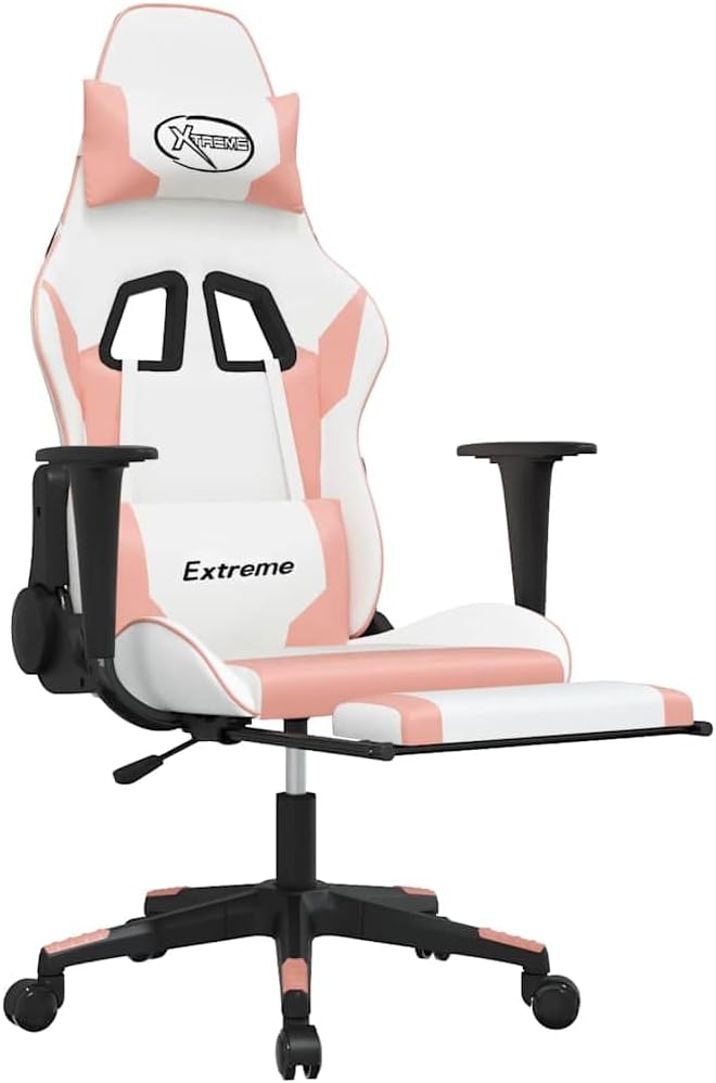 Massage Gaming Chair White &amp Pink Faux Leather Reclining Computer Desk Chair with Lumbar Massage Retractable Footrest Ergonomic Swivel Design for Adults