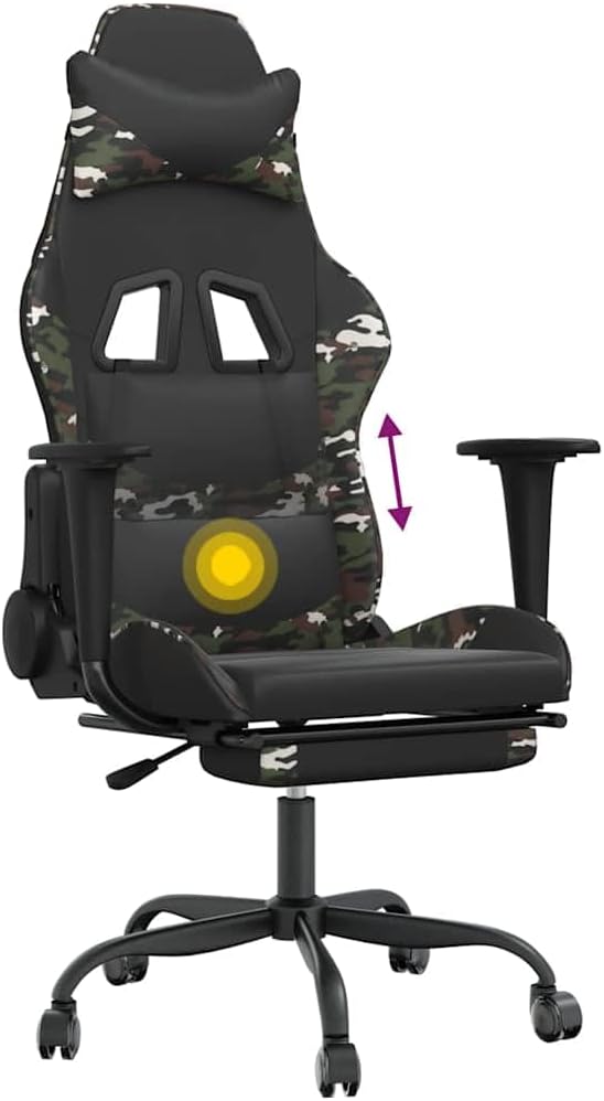 Gaming Chair Black and Camouflage Faux Leather with Massage Function and 360-Degree Swivel Height Adjustment Comfortable Footrest Sturdy Metal and Plywood Frame for Home