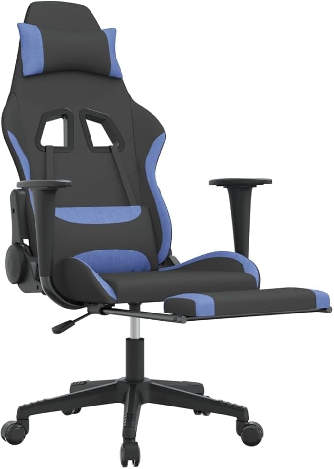 Gaming Chair with Adjustable Armrests and Reclining Backrest Black and Blue Fabric Height-Adjustable Includes Footrest Durable Plywood and Metal Frame for Home Office