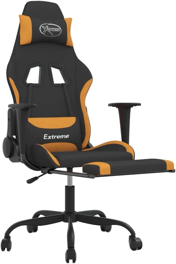 Ergonomic Massage Gaming Chair with Adjustable Footrest and Tilt Function in Black and Orange Fabric for Office and Home Use