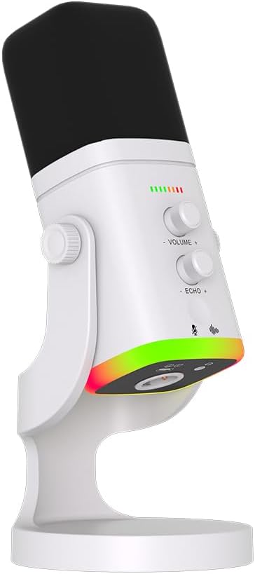 USB/XLR Desktop Dynamic Microphone with RGB Light Noise Reduction &amp Mute Button for Podcast Recording PC Computer Gaming Streaming Mic with RGB Light Mute Button Headphones Jack (White)