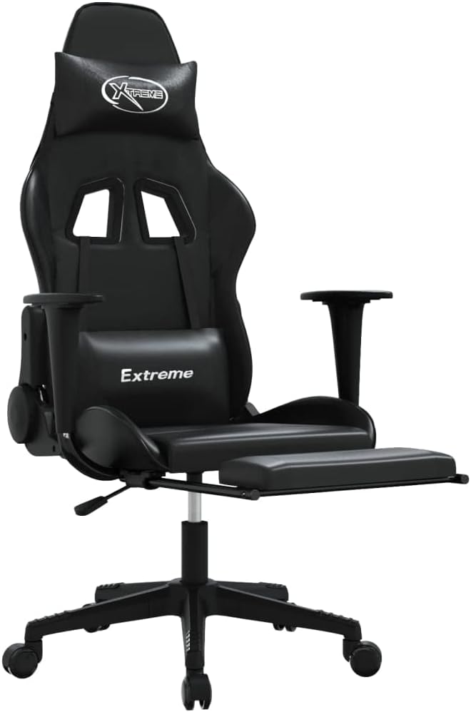 Gaming Office Chair with Footrest Faux Leather Office Chair Ergonomic Desk Chair Rolling Swivel Adjustable PC Computer Chair for Women Adults Girls(Black)