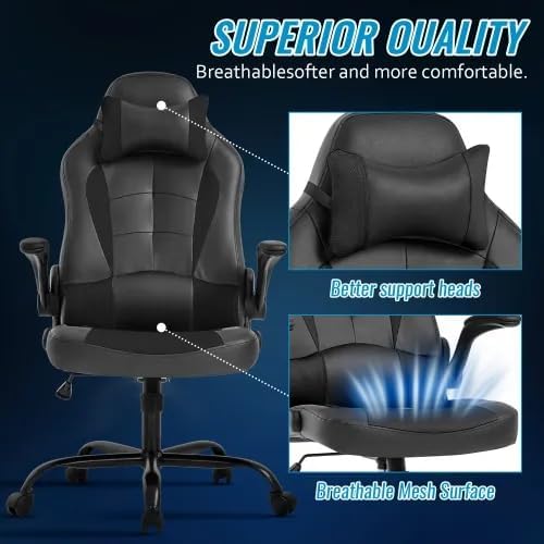 Gaming Desk Chair PC Gaming Chair Gamer Chair Comftorable Ergonomic PU Leather Computer Office Chair with Lumbar Support Flip Up Arms High Back Executive Gaming Stuff for Girl Kids Adults (Black)