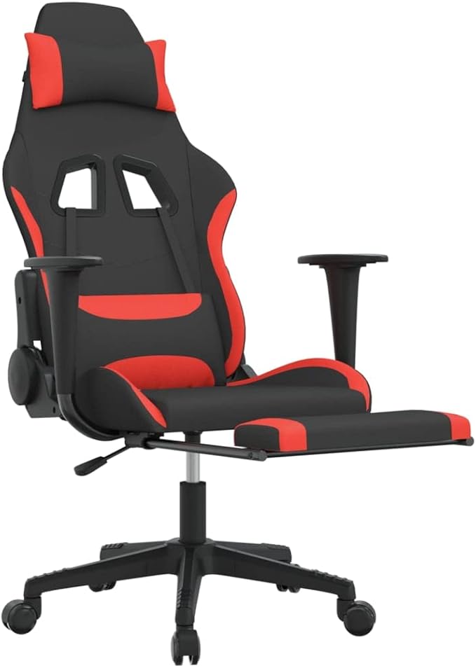 SKM Massage Gaming Chair with Footrest Black and Red Fabric (16 KG/35.2 LBS)