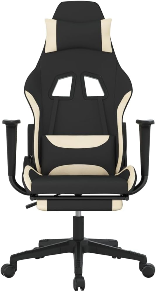 Massage Gaming Chair with Footrest and Lumbar Support Computer Chair Height Adjustable Game Chair with 360°-Swivel Seat and Headrest Black and Cream Fabric -AA