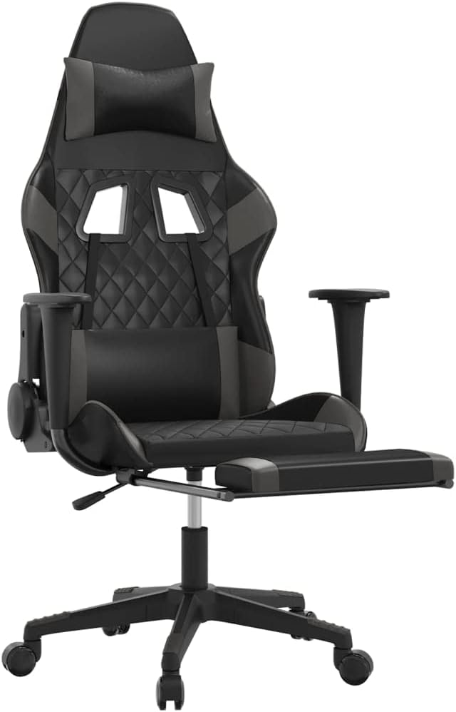 Gaming Chair with Footrest Black and Gray Faux Leather Gaming Chair with Ergonomic Design Adjustable Features - for Gamers and Office Use