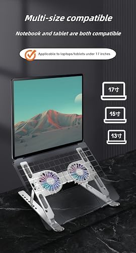 Adjustable Laptop Cooling Stand with 2 Quiet RGB Fans Foldable Ergonomic Design for 10-17” Laptops Aluminum Alloy Perfect for Gaming Office &amp DJ Use