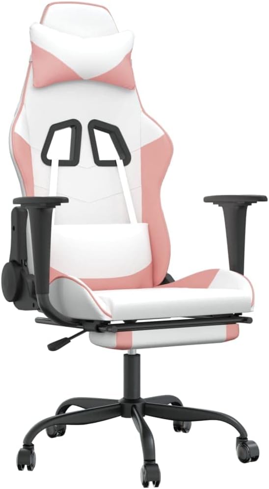 Gaming Chair with FootrestFaux Leather Computer Game ChairOffice ChairErgonomic Desk Chair PC Gaming Chair for Adults Teens(White&ampPink)