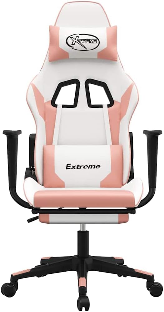 Massage Gaming Chair White &amp Pink Faux Leather Reclining Computer Desk Chair with Lumbar Massage Retractable Footrest Ergonomic Swivel Design for Adults