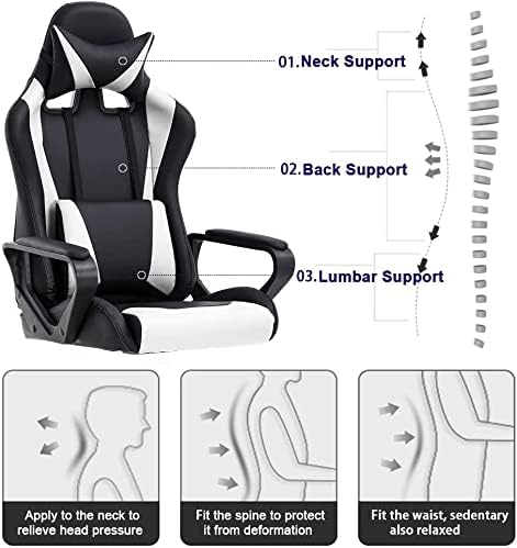 Gaming Chair Ergonomic Office Chair Desk Chair with Lumbar Support 360 Swivel &amp Rolling Computer Chair for Adults PU Leather Racing Style Supports 250lbs(White)
