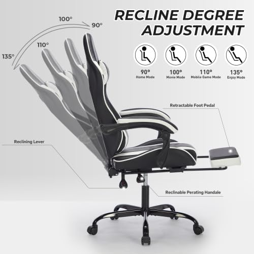 extrasleep Video Game Chairs with Footrest Ergonomic Gaming Chair for Adults with Massage Lumbar Support Adjustable Backrest Computer Gaming Chair Leather Desk Chair Black White