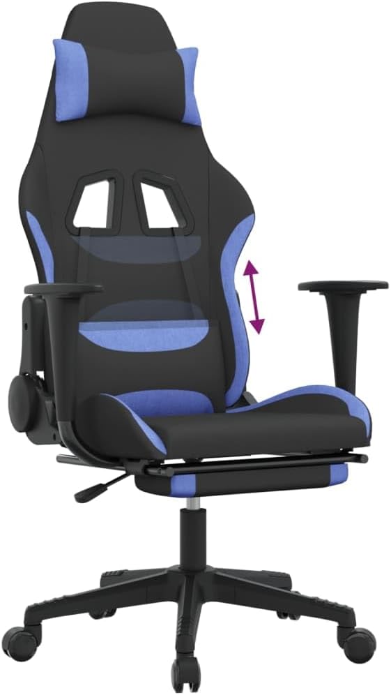 Gaming Chair with Adjustable Armrests and Reclining Backrest Black and Blue Fabric Height-Adjustable Includes Footrest Durable Plywood and Metal Frame for Home Office