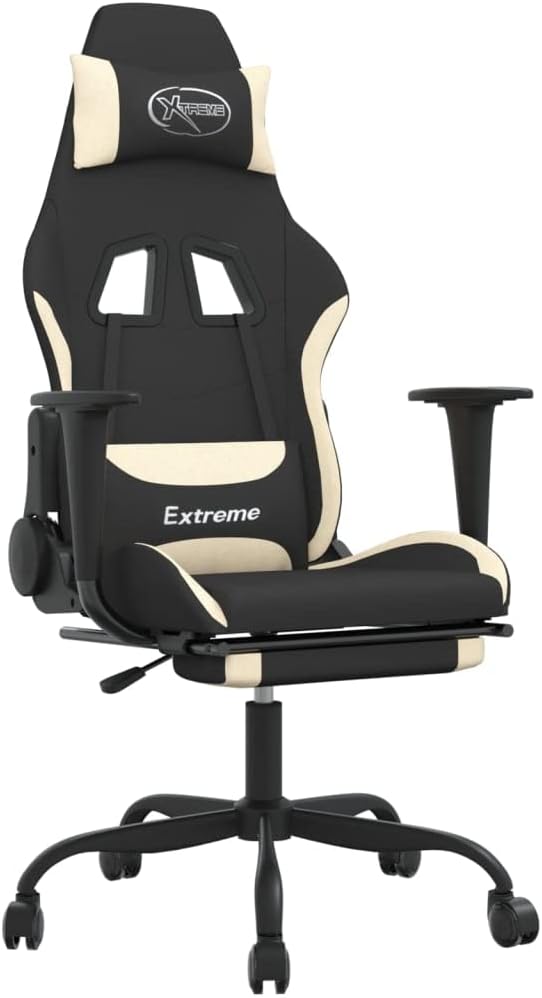 Massage Gaming Chair with Footrest Black and Cream Fabric Gaming Chair with Ergonomic Design Adjustable Features - for Gamers and Office Use