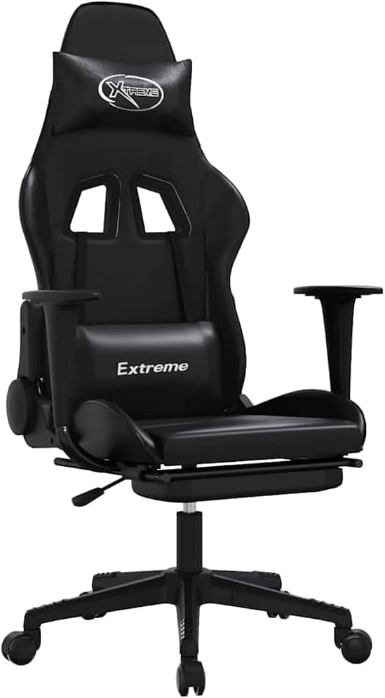 Massage Gaming Chair with Footrest - Faux Leather Reclining Ergonomic Desk Office Computer Game Chair with Lumbar Support &amp Adjustable Height Black