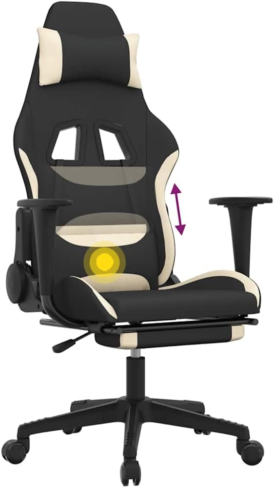 vidaXL Gaming Chair Massage Gaming Chair with Footrest Adjustable Swivel Recliner Computer Chair for Office Modern Style Black and Cream Fabric