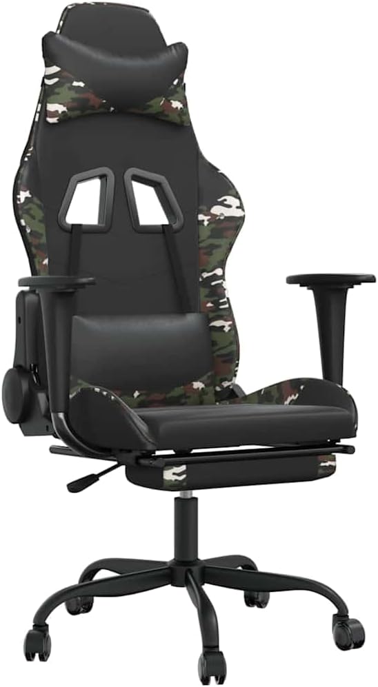 Gaming Chair Black and Camouflage Faux Leather with Massage Function and 360-Degree Swivel Height Adjustment Comfortable Footrest Sturdy Metal and Plywood Frame for Home