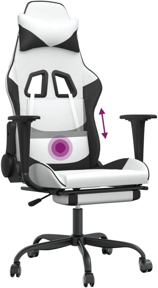 Massage Gaming Chair with FootrestFaux Leather Computer Game ChairMassage Office ChairErgonomic Desk Chair PC Gaming Chair for Adults Teens(White&ampBlack)
