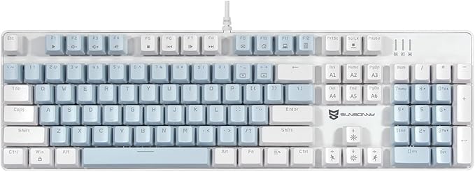 Full Size Wired Mechanical Gaming Keyboard | Blue Switch Led Backlit 104 Keys US Layout Mechanical Computer Keyboards | Hot Swappable Blue &amp White Keycaps Light Up PC Gaming Keyboard