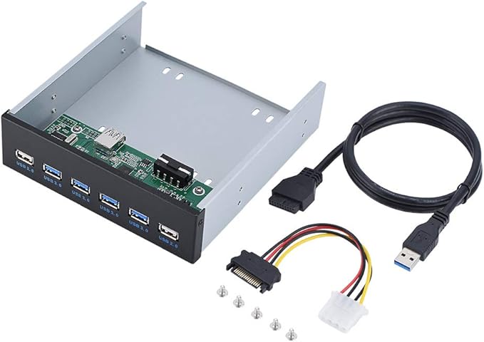 ASHATA 19 pin to 4 USB3.0 + 2 USB2.0 6 Interface Metal Front Panel USB Hub Audio Front Panel High Speed Data  Black