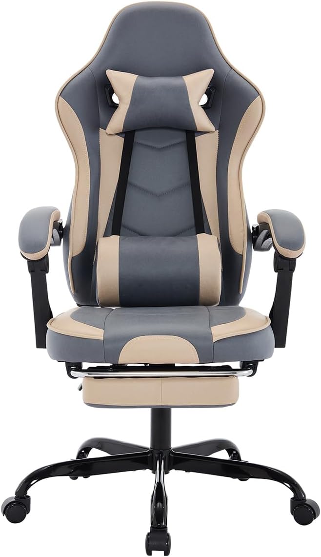 Office Gaming Chairs for Adults Comfortable Computer Gaming Chair with Footrest &amp Headrest and Lumbar Support PU Leather High Back Video Game Chairs (Beige+Blue)