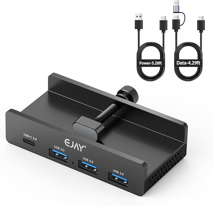 EJAY Mountable 4Ports USB3.0 HUB Alu Desktop Clamp Type C USB3.0 Splitter for Desk/Monitors with Extra Power Supply Port59inches Data &amp 39inches Power Cables-5Gbps(3A1C) (JK-3A1C-BK)