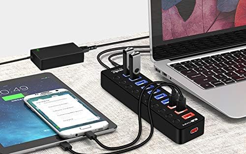 Powered USB 3.0 Hub USB 3.0 Data Hub 11 Ports - 7 USB 3.0 Data Ports + 4 Smart Charging Port with Individual On/Off Switches and 12V/4A Power Adapter USB Hub 3.0 Splitter