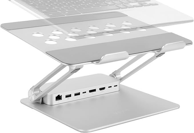 VIVO Universal 11 x 9 inch Height Adjustable Ergonomic Laptop Riser Docking Station with USB-C USB-A HDMI 4K60 DP 4K60 PD RJ45 Tabletop Desk Stand Power Hub Silver STAND-V000LD