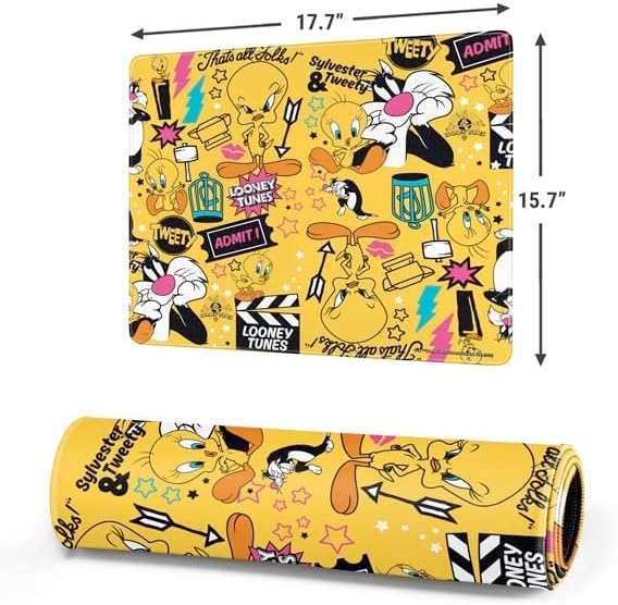 Skinit Medium Gaming Mouse Pad - Officially Licensed Tweety and Sylvester Patches Design with Stitched Edges Waterproof Non-Slip Rubber Base Desk Mat for Keyboard &amp Mouse 17.7 x 15.75 inches