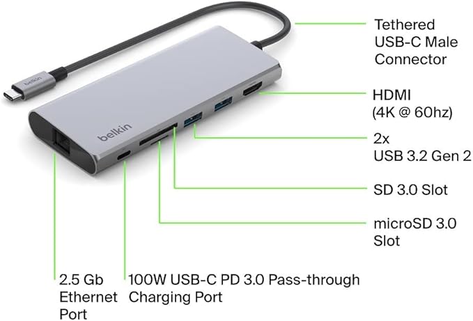 Belkin 7-in-1 USB-C Hub Multiport Adapter Dongle with 4K 60Hz HDMI 100W Power Delivery 2.5Gb 2 USB A Ports SD and MicroSD Slot for MacBook Pro 14 and 16 iPad Pro 12.9 &amp 11 XPS Surface and