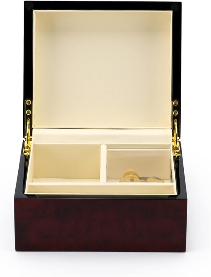 MusicBoxAttic Modern Hi Gloss 30 Note Burl Wood 3.6 LCD Video Jewelry Box - Four Seasons Spring