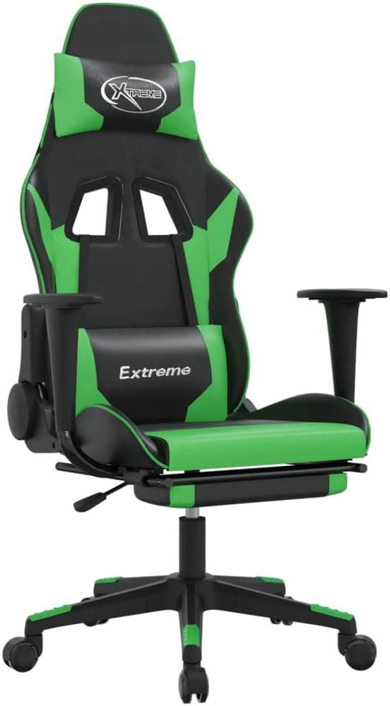 SKM Gaming Chair with Footrest Black and Green Faux Leather (16.6 KG/36.52 LBS)
