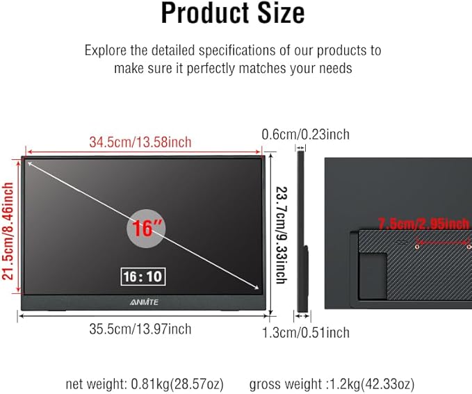 16 Portable Touch Monitor for Laptop Computer Gaming Display Metal Enclosure Mobile Display