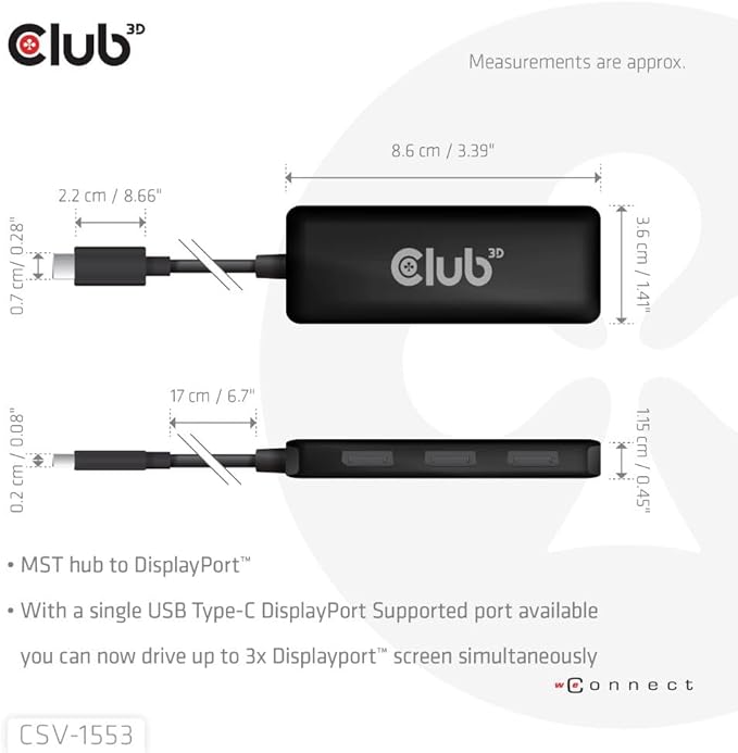 Club 3D CSV-1553 USB Type C(DP Alt-Mode 2.1) to DisplayPort Triple Monitor 4K60Hz M/F MST hub