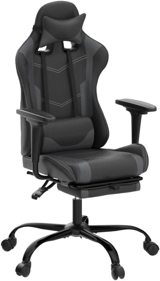 Gaming Chair Computer Chair Ergonomic Gaming Chair with Footrest Reclining High Back Video Game Chair with Lumbar Support Headrest Armrest Swivel Seat for Women Men (Grey)