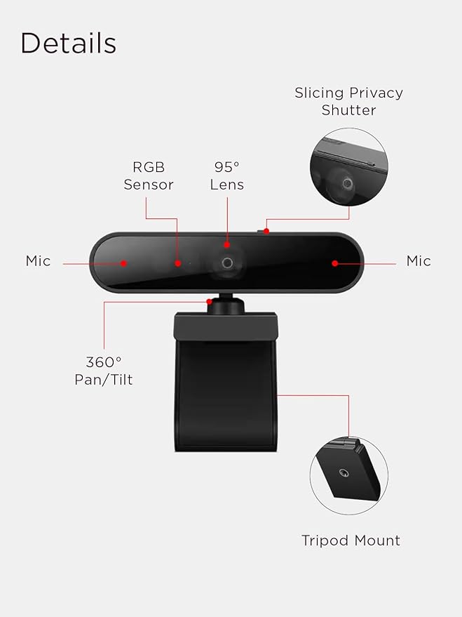Lenovo Performance FHD 1080p Webcam USB-CLog-on with Windows Hello Dual Microphones 95 Degree Lens and 4X Digital Zoom Sliding Privacy Shutter Black