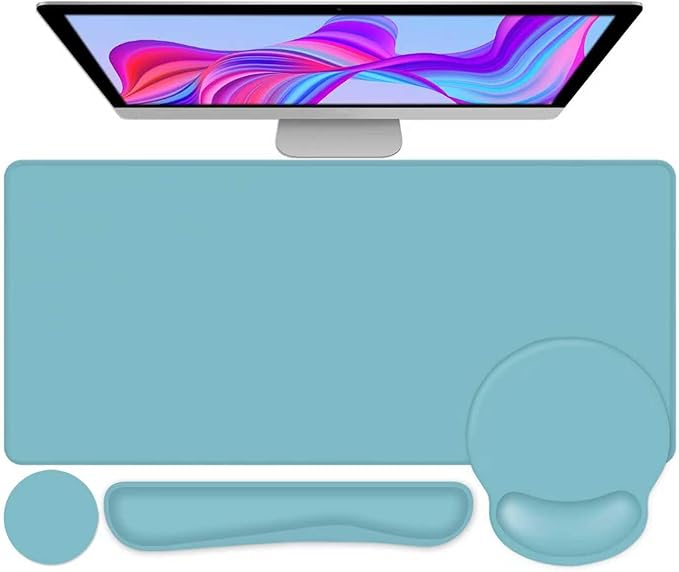 4 PCS Mouse Pad Desk Mat Protector Keyboard Wrist Rest + Comfortable Mouse Pad with Wrist Rest +Coaster Large Gaming Mousepad for Computer Laptop 35.4 X 15.7 XXL Deskpad for Office Home I Blue