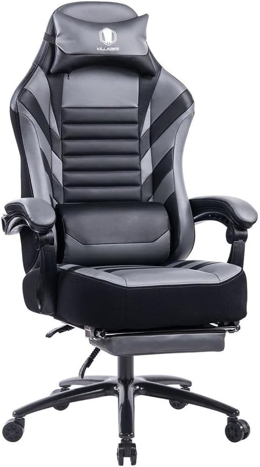 Swivel Gaming Chair Computer Chair with Footrest and Lumbar Support Ergonomic Comfortable Office Chair for Adults Height Adjustable Reclining Chairs for Office Gaming Lounge (Grey)